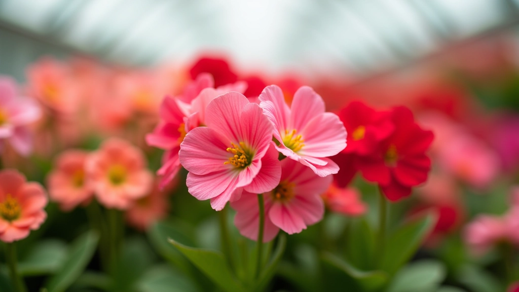 Rožinės ir raudoniausios pelargonijos žydinčios šiltnamio vietoje
