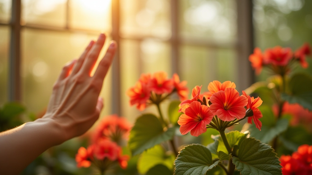 Senos moters ranka paliečia oranžerijos šilto stiklo sieną su pelargonijomis
